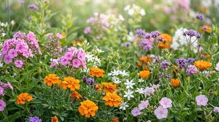 Obraz premium A vibrant and diverse summer garden landscape filled with colorful phlox marigold and verbena flowers blooming under the warm gentle light of a sunny day