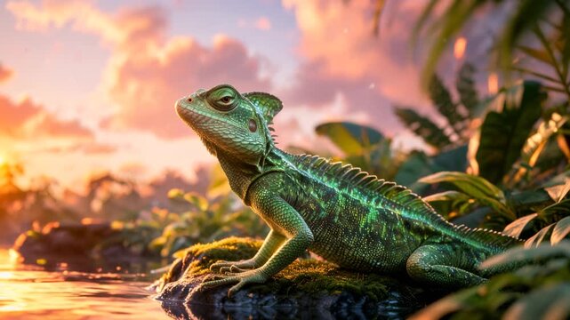 green basilisk lizard on a stone tropical forest close up sunset light reptile video