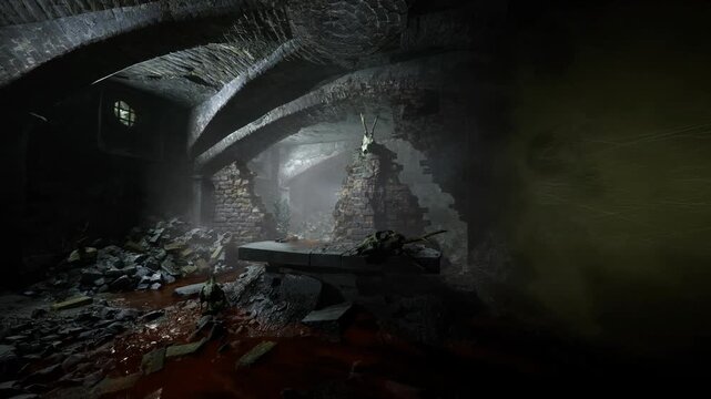 In a dark, eerie underground chamber, rubble and decay surround a stone altar. Shadows dance on the walls as mist fills the air, creating an atmosphere of mystery and unease.