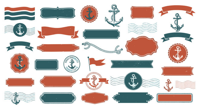 Weathered nautical stamp frames and fisherman style labels in teal. Fisherman Aesthetic Maritime Frames, Teal Nautical Vector Stamp Borders.