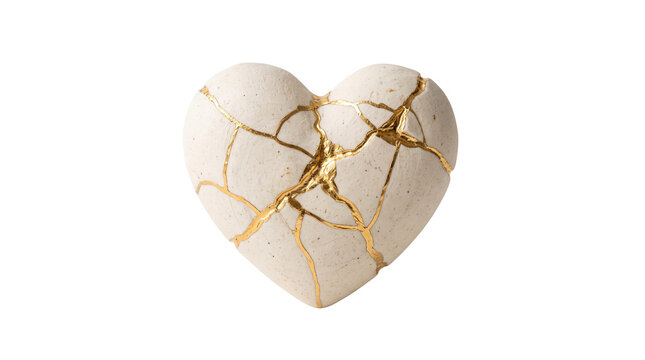 Kintsugi broken heart with gold cracks, repaired ceramic heart sculpture, metaphorical stone heart representing emotional healing and resilience isolated PNG with Transparent Background
