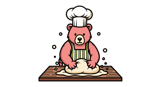 Pink cartoon bear chef kneading dough on a wooden board, preparing to bake bread or pastry.