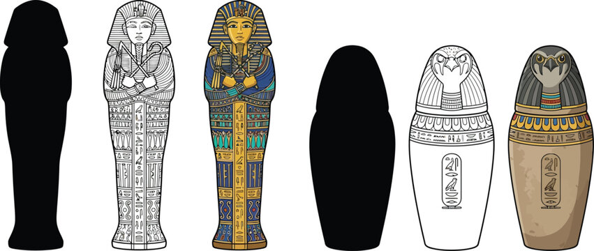 Ancient Egyptian Pharaoh Sarcophagus Coffin and Falcon Canopic Jar Icons set with Silhouette Line Art and Full Color Versions for History and Design Projects