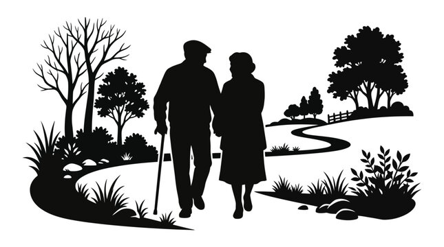 Elderly couple walking hand in hand along a winding path through a peaceful park setting captured in a detailed black and white silhouette graphic art style