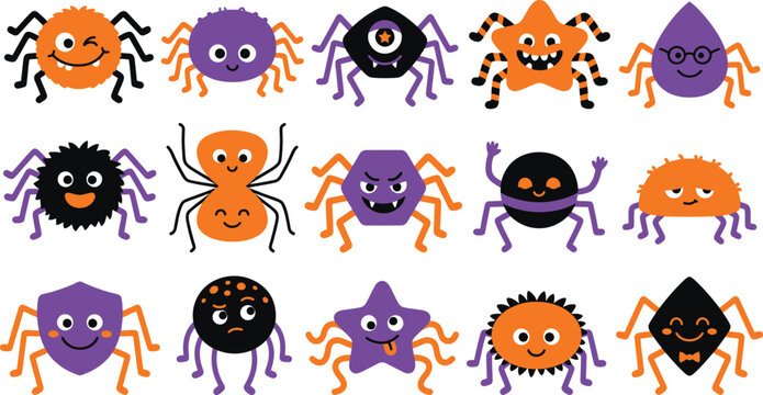 Halloween collection set of friendly shape-based spider characters with halloween character collection