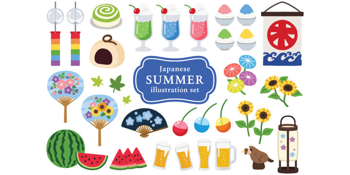 Japanese summer festival illustration set with shaved ice, wind chimes, fans, watermelon, flowers, lanterns, cicada motifs, flat vector illustration