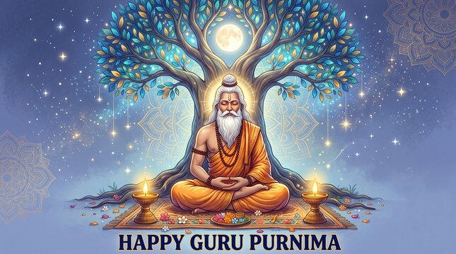 Happy guru purnima celebration vector illustration with guru meditating under a tree design art image