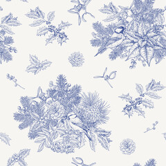 Toile art Christmas Vintage botanical seamless pattern with tit birds fir branches holly mistletoe poinsettia rowan. Blue beige. Hand drawn vector background for design package, holiday decor, decorat © Olha