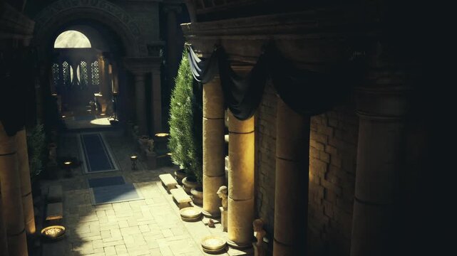 sunlit ancient stone colonnade with warm golden light falling on tall columns and draped curtains, potted greenery lining walkway, soft shadows creating depth