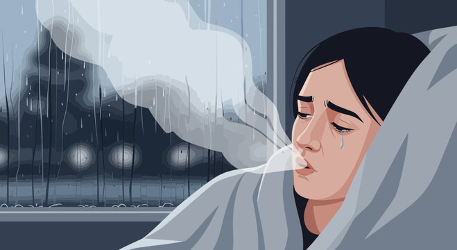 Sad Woman Cold Rain Night Window Tears Comfort Blanket Breath Steam