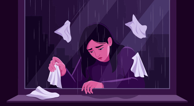 Sad Woman Grieving In Rain, Watching Through A Window, Feeling Emotional and Desolate