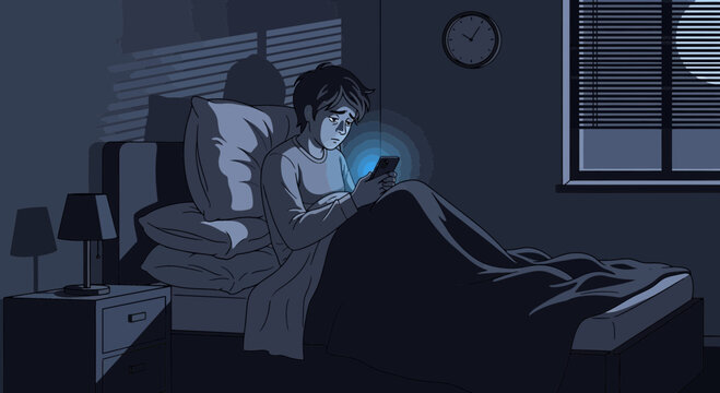 Sad Person Using Phone In Bed At Night With A Illuminated Screen, Depressed.
