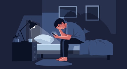 Fototapeta premium Sad Man In Bedroom Using Phone Shows Feelings Of Depression And Loneliness in the Night