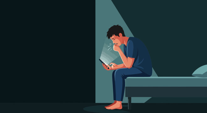 Sad Man Uses Phone in Bedroom, Illuminated, Feeling Low, Social Media Depressive State