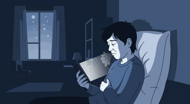 Sad Man In Bed Looking At Phone During Night, Digital Illustration, Lonely Concept
