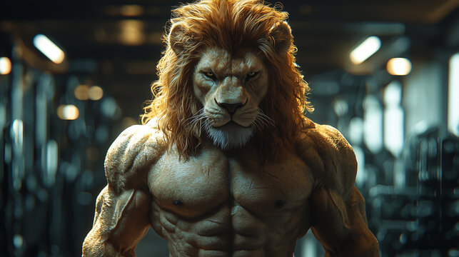 Powerful lion with muscular build in a gym setting during the day
