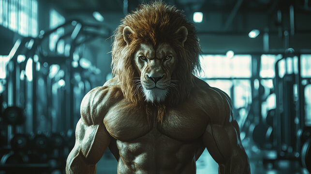 Muscular lion stands confidently in a modern gym environment