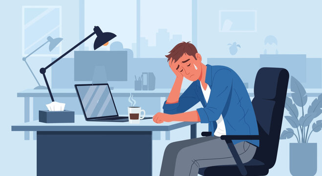 Sad Employee Feeling Overwhelmed at Work, Depicting Mental Health Challenges