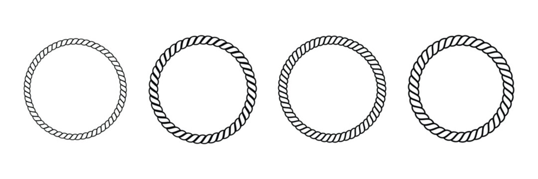 Round rope circle frame and border outline icon set with nautical decorative ring and cord design elements