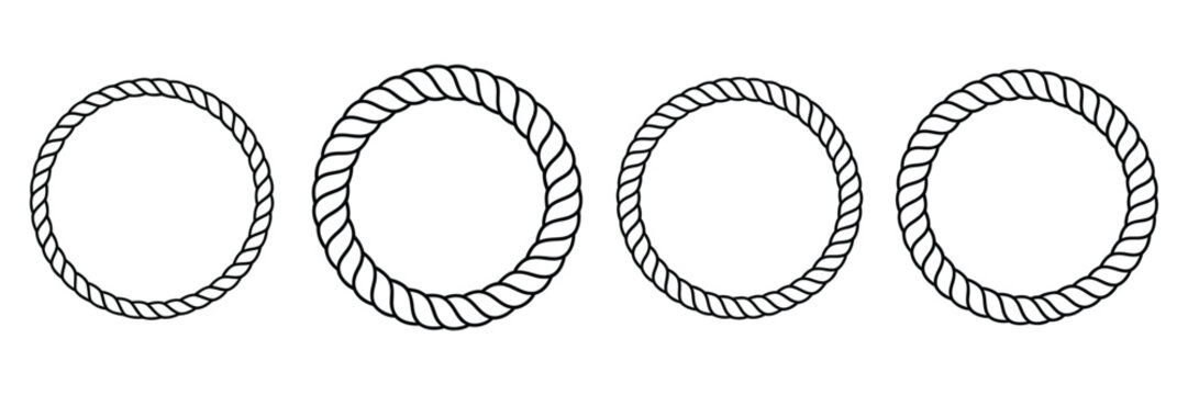 Round rope circle outline icon collection with border frame elements for nautical emblem and decorative vector illustration