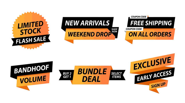 Set of vector promotional labels for flash sale, new arrivals, weekend drop, bundle deals and exclusive offers