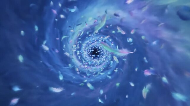 Colorful feathers swirl gracefully within a deep blue vortex. The mesmerizing motion creates a sense of depth and energy. Concept of animation, abstract art, visual effects