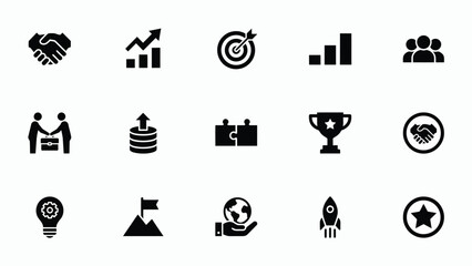 Naklejka premium Modern flat icons set showcasing business success teamwork innovation and global achievement in minimalist black