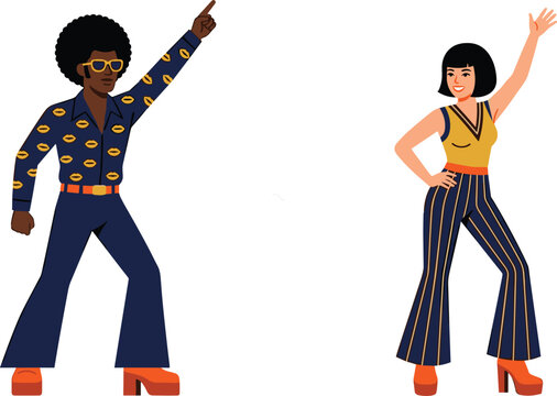 Retro 1970s disco dancers vector illustration featuring man and woman characters in vintage flared pants platform shoes and dancing poses
