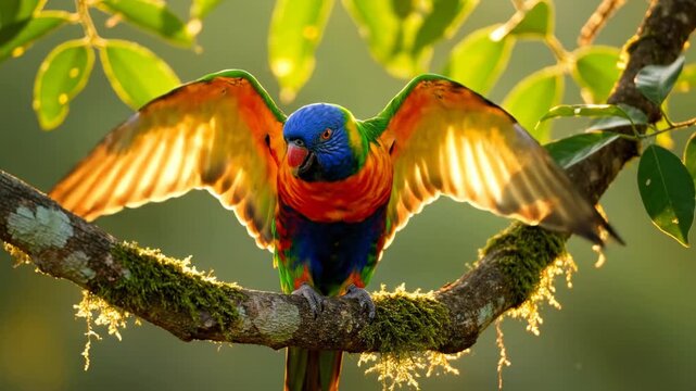 Colorful parrot spreads wings while perched on tree branch. Sunlight filters through leaves creating soft background. Concept of wildlife, nature photography, avian beauty