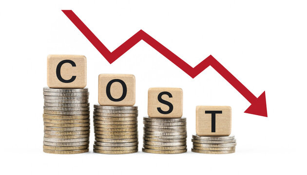 Decreasing cost concept with coins and blocks  financial graph with down arrow transparent background