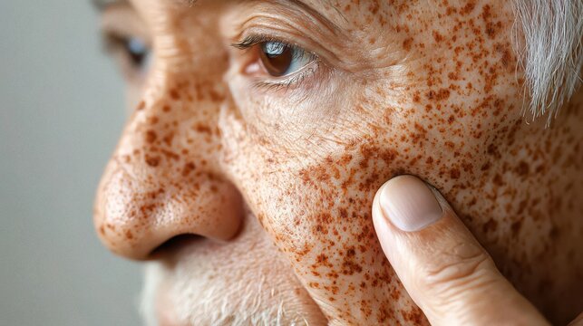 Close up portrait of a person touching their face with visible skin pigmentation and freckles