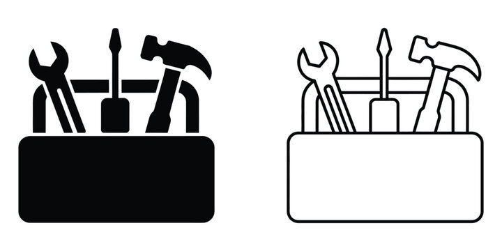 Handy toolbox icon, Tool case and toolkit vector symbols for repair, maintenance, construction, workshop, and equipment applications.