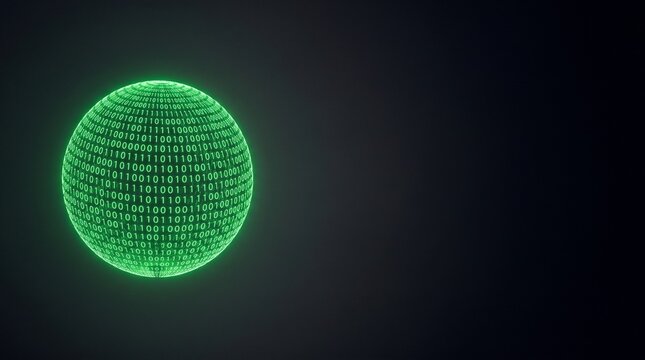 Glowing Green Binary Data Sphere on Dark Background Digital Technology Concept