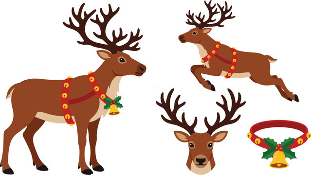 Christmas reindeer vector set featuring brown caribou in standing and leaping poses with festive jingle bell collar harness and antlers head portrait