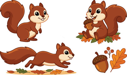 Cute cartoon squirrel vector character set featuring brown squirrels standing sitting with acorn running over autumn leaves and isolated oak leaf elements © MdSazib