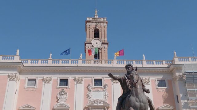 Palazzo Senatorio Clock Tower and Marcus Aurelius Statue in Rome