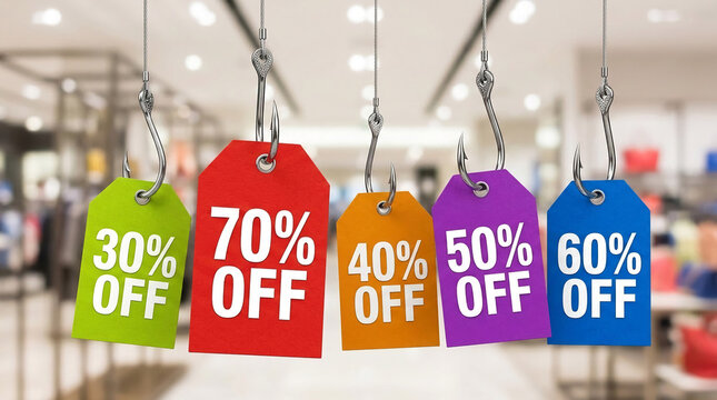 Colorful discount tags, each showing a percentage off, hang from fishing hooks, symbolizing attractive sale offers.