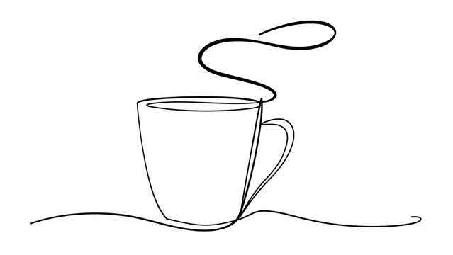 Steaming coffee cup line art on white background.