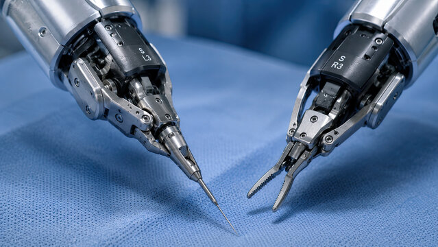 Close-up of two robotic surgical instrument arms positioned above a sterile blue surgical drape. Precision robotic instruments detail.