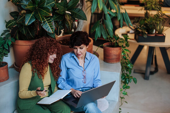 Businesswomen collaborating on laptop during informal meeting