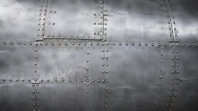 Close-up view of a weathered metallic surface with numerous rivets forming seams and panels, showcasing industrial texture.