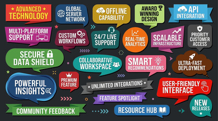 Naklejka premium Dynamic vector illustration presenting essential digital technology concepts and diverse software development capabilities