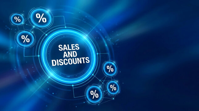 Digital illustration of glowing percentage symbols and "Sales and Discounts" text, symbolizing a digital commerce concept with abstract network connections