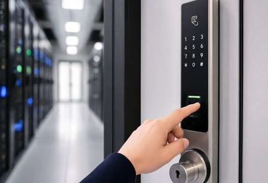 Hand pressing modern security keypad for password entry, showcasing electronic access control, secure authentication, fingerprint technology, office entrance protection, and smart building safety.