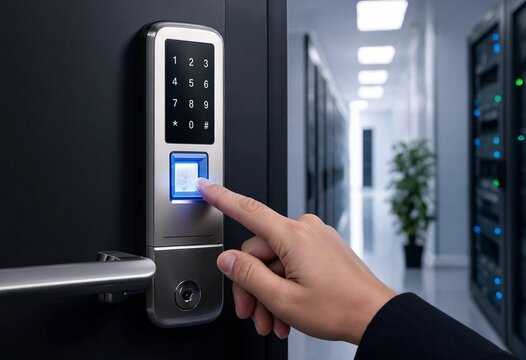 Hand pressing modern security keypad for password entry, showcasing electronic access control, secure authentication, fingerprint technology, office entrance protection, and smart building safety.