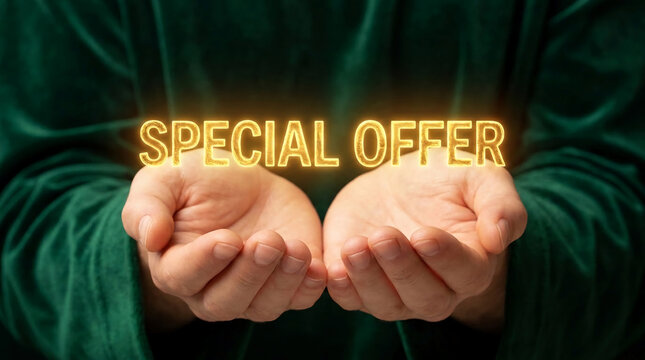 Two cupped hands hold glowing text "SPECIAL OFFER" against a dark green textured background, symbolizing a valuable announcement or promotion presented by a person