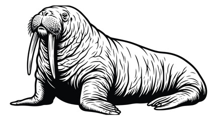 Vintage walrus illustration in woodcut style, detailed marine mammal vector with long tusks, black and white arctic animal line art for nature branding © ishrat
