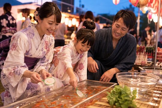 Happy Japanese family in yukata playing goldfish scooping game at a summer festival stall in the evening, family bonding and tradition concept