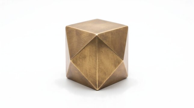 Solid brass desk paperweight in the shape of a perfect octahedron, isolated on a solid white background