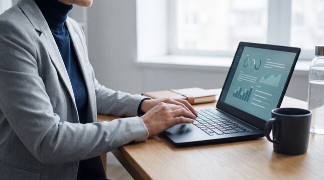 Professional working with laptop and notebook in a modern office setting